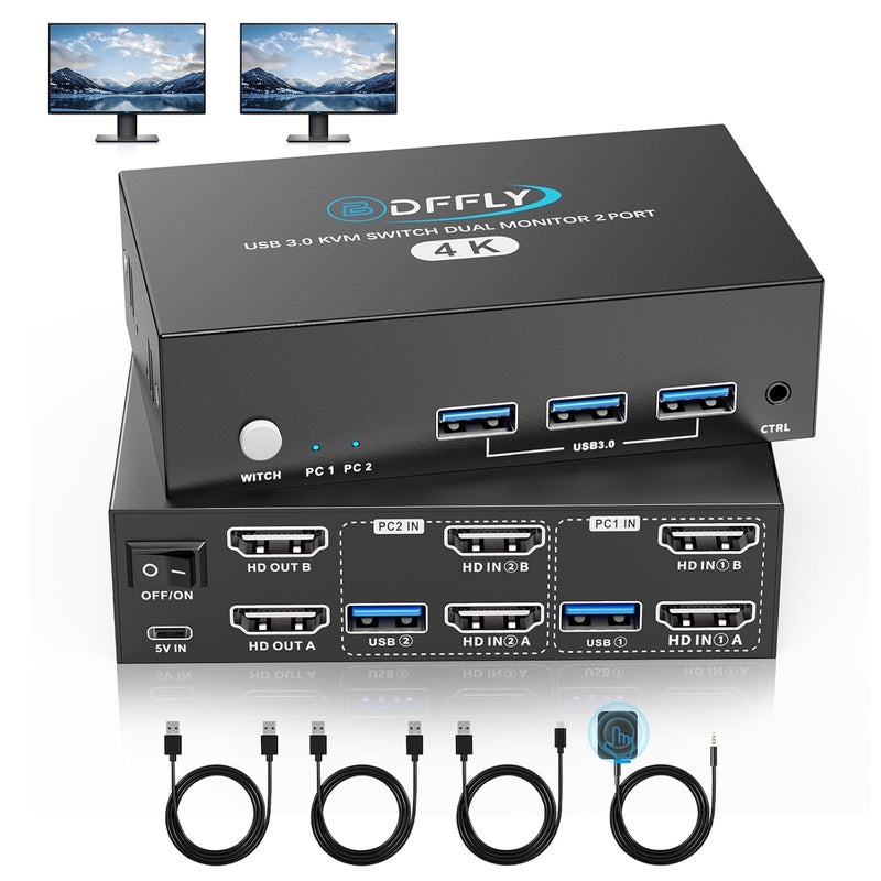 BDFFLY USB 3.0 HDMI KVM Switch 2 Monitors 2 Computers 4K@60Hz, KVM Switches Dual Monitor with 3 USB 3.0 Ports Sharing Keyboard and Mouse, Printer/Scanner, Desktop Controller, EDID Compatible - Image 1